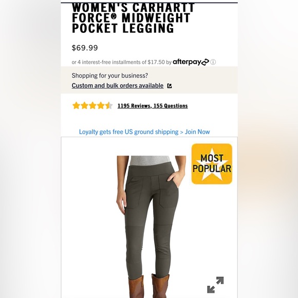 CARHARTT Midweight Force Leggings, Size Small - Picture 3 of 16